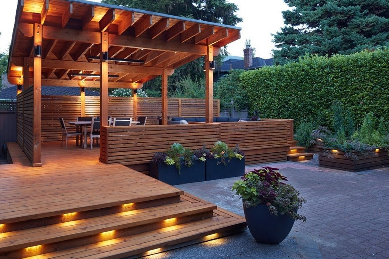 Custom cedar deck installation with natural wood finish